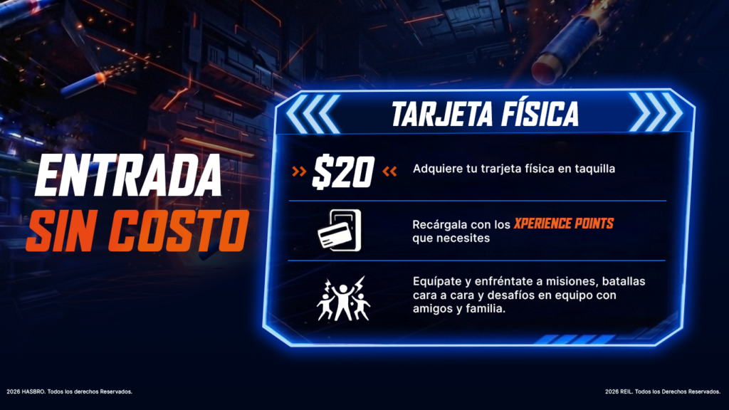 Entrada sin costo. Tarjeta física por $20 en taquilla, recargable con Xperience Points